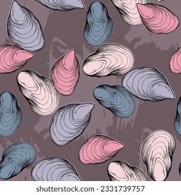 Hand Drawn Seamless Oysters and Pearls Line. Abstract vector pattern. Repeating abstract background.