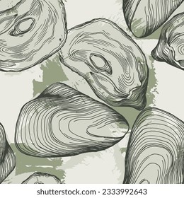 Hand Drawn Seamless Oysters and Pearls Line. Abstract vector pattern. Repeating abstract background.