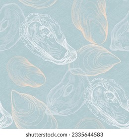 Hand Drawn Seamless Oysters and Pearls Line. Abstract vector pattern. Repeating abstract background.