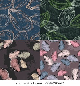 Hand Drawn Seamless Oysters and Pearls Line. Abstract vector pattern. Repeating abstract background.