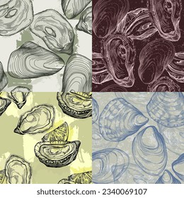 Hand Drawn Seamless Oysters and Pearls Line. Abstract vector pattern. Repeating abstract background.