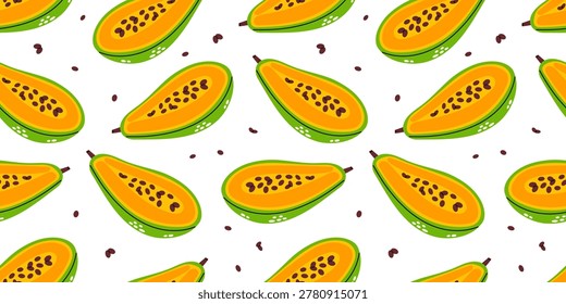 Hand drawn seamless papaya pattern. Endless repeatable background with tropical fruits for printing and decoration. Vector illustration of fruity texture in flat style