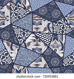 Hand drawn seamless patchwork pattern. Vintage boho style with decorative elements. Islam, Arabic, Indian, ottoman motifs. Perfect for printing on fabric or paper.