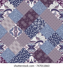 Hand drawn seamless patchwork pattern. Vintage boho style with decorative elements. Islam, Arabic, Indian, ottoman motifs. Perfect for printing on fabric or paper.