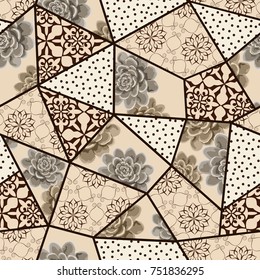 Hand drawn seamless patchwork pattern. Vintage boho style with decorative elements. Arabic, Indian, ottoman motifs. Perfect for printing on fabric or paper.Patchwork sewing