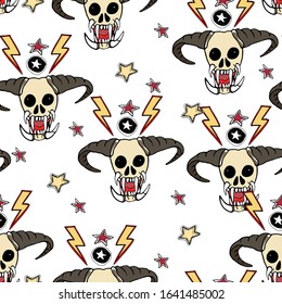Hand drawn seamless patern. Rock music symbols, stars, lightning. This is a cool creative design for young people, teenagers, rock musicians, bikers.
