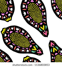 Hand drawn seamless patten with papayas in modern trendy folk style. Perfect for textile, background, paper.
