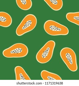 Hand drawn seamless patten with papayas on green background.