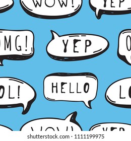 Hand drawn seamless patterm with speech bubbles with text. Vector pop art objects. Doodle elements for dialog