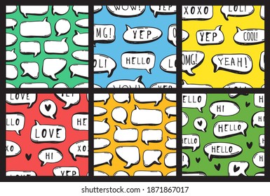 Hand drawn seamless patterm with speech bubbles with text. Vector pop art objects. Doodle elements for dialog