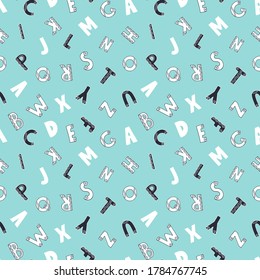 Hand drawn seamless pattern ABC latin alphabet. Cute english typographic font, letters in scandinavian style, blue doodle sketch vector illustration. Educational lettering set with dots and lines