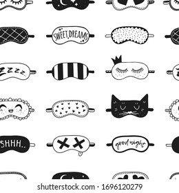 Hand drawn Seamless Pattern about Sleep Routines.Vector Cozy Illustration Sleeping Mask. Creative artwork. Set of doodle  objects