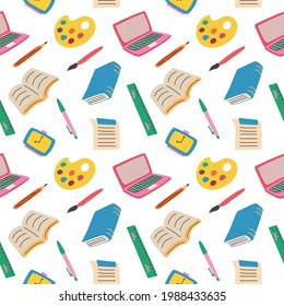 Hand drawn seamless pattern about back to school stuff. Back to school background, wallpaper, fabric, textile, backdrop, wrapping paper.