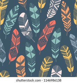 Hand drawn seamless pattern with abstract feathers. Bright and juicy color palette. Vector design.