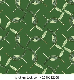 Hand drawn seamless pattern with abstract tropic palm shapes. Green bright background. Vector illustration for seasonal textile prints, fabric, banners, backdrops and wallpapers.