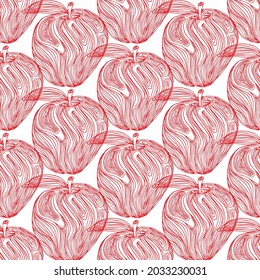 Hand drawn seamless pattern with abstract apple isolated on white background. Red fruit in doodle style. Line art illustration. Good for shop, restaurants, cafe, packages.