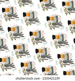 Hand drawn seamless pattern abstract tropical cute toucan cartoon premium vector.
for kids and baby. Print on t shirt, fabric, linen, textile and wallpaper background