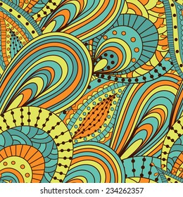 Hand drawn seamless pattern with abstract elements. Colorful background. Pattern can be used for fabric, wallpaper or wrapping.