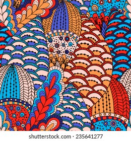 Hand drawn seamless pattern with abstract elements. Colorful background. Pattern can be used for fabric, wallpaper or wrapping.