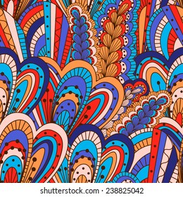 Hand drawn seamless pattern with abstract elements. Colorful background. Pattern can be used for fabric, wallpaper or wrapping.