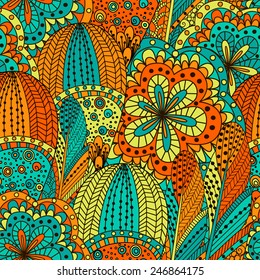 Hand drawn seamless pattern with abstract elements. Colorful background. Pattern can be used for fabric, wallpaper or wrapping.