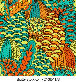 Hand drawn seamless pattern with abstract elements. Colorful background. Pattern can be used for fabric, wallpaper or wrapping.