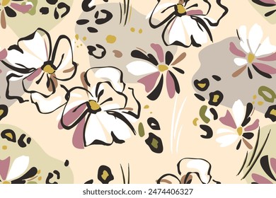 Hand drawn seamless pattern of abstract flowers leopard skin spots. Sketchy drawing black outlines white pink strokes. Botanical summer floral background. Printing wallpaper, covers, textiles, paper