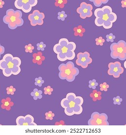 Hand drawn seamless pattern with abstract stylized flowers in pastel colors on a purple background