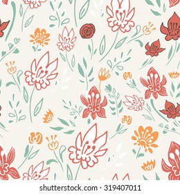 Hand drawn seamless pattern with abstract flowers . Colorful vector background for textile, fashion fabric, wallpaper, wrapping paper etc