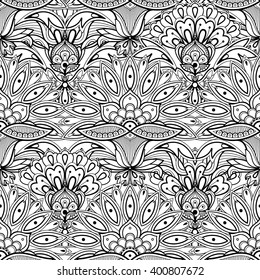 Hand drawn Seamless pattern of abstract flowers. Vector illustration in doodle zentangle style. Sketch for wallpaper, pattern fills, coloring books and pages for kids and adults.