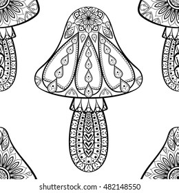 Hand drawn seamless pattern of abstract Mushrooms.  Vector illustration in zentangle style. Sketch for wallpaper, pattern fills, coloring books