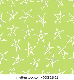 Hand drawn seamless pattern. Abstract green doodle background. Vector art illustration stars