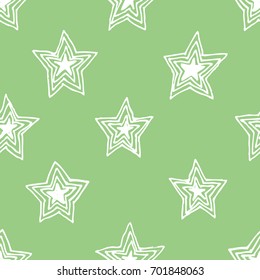 Hand drawn seamless pattern. Abstract green doodle background. Vector art illustration stars