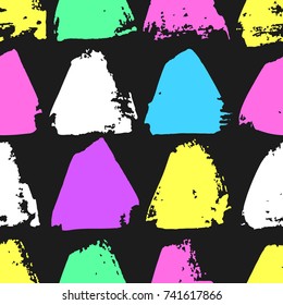 Hand drawn seamless pattern with acid paint triangles. Neon Abstract brush background. Grunge vector illustration