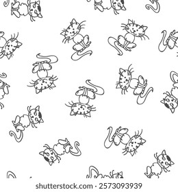 Hand drawn seamless pattern with adorable cats. Cute black pets isolated on white background. Texture, wallpaper template. Domestic cat, monochrome design. vector illustration