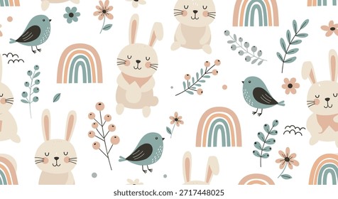 Hand drawn seamless pattern with adorable rabbits and little birds decorated with rainbows and botanical elements on white background.