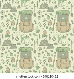 Hand drawn seamless pattern with adventure travel icons.