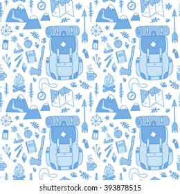 Hand drawn seamless pattern with adventure travel icons.