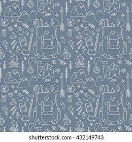 Hand drawn seamless pattern with adventure travel icons.