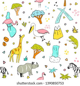 Hand drawn seamless pattern with african animals, attractions, symbols