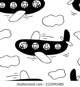 Hand drawn seamless pattern of airplane and cute animals.