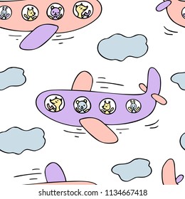 Hand drawn seamless pattern of airplane and cute animals.