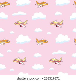 Hand drawn seamless pattern with airplanes and clouds. Cartoon vector illustration. Pink Children's pattern for a girl.