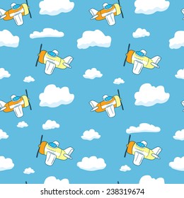 Hand drawn seamless pattern with airplanes and clouds. Cartoon vector illustration. Blue Children's pattern for a boy.