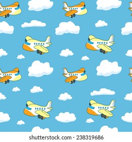 Hand drawn seamless pattern with airplanes and clouds. Cartoon vector illustration. Blue Children's pattern for a boy.