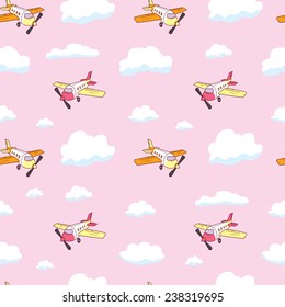 Hand drawn seamless pattern with airplanes and clouds. Cartoon vector illustration. Pink Children's pattern for a girl.