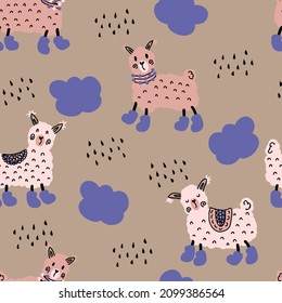 Hand drawn seamless pattern with alpacas and rainy clouds. Perfect for T-shirt, textile and print. Doodle vector illustration for decor and design.