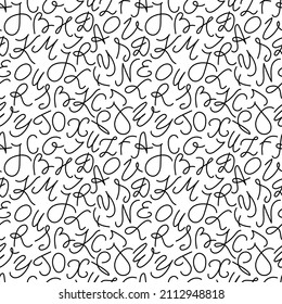 Hand drawn seamless pattern with alphabet letters, black and white texture. Doodle style vector.