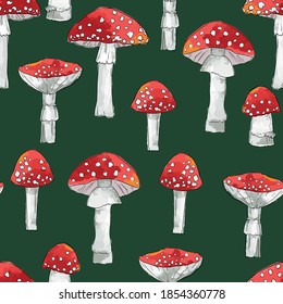 Hand drawn seamless pattern amanita mushrooms vector illustration