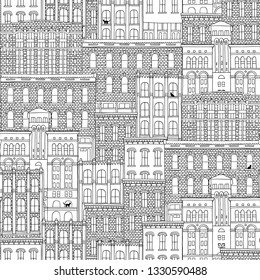 Hand drawn seamless pattern of American brick houses with cats in the windows
